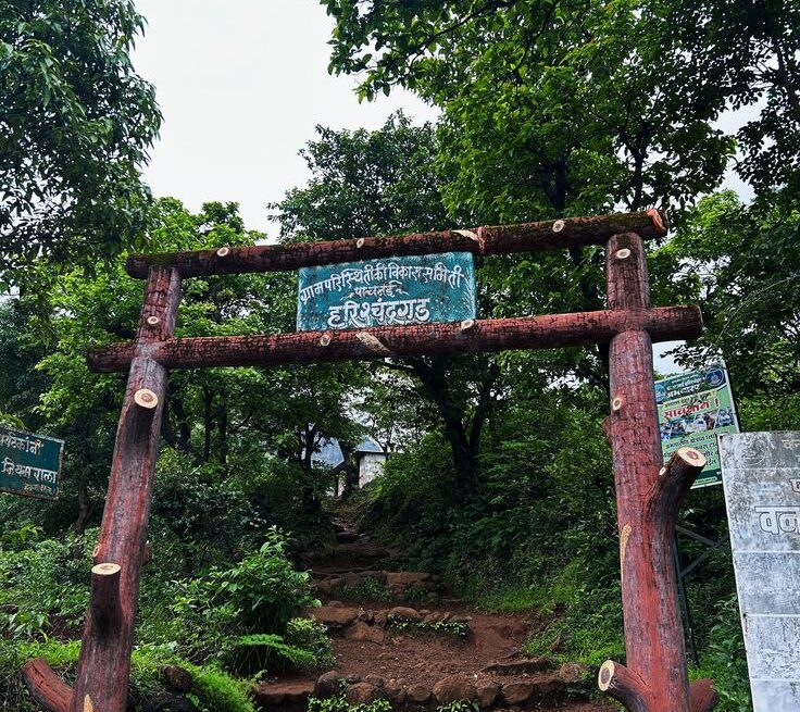 Trekkers climbing steep trail on Harishchandragad