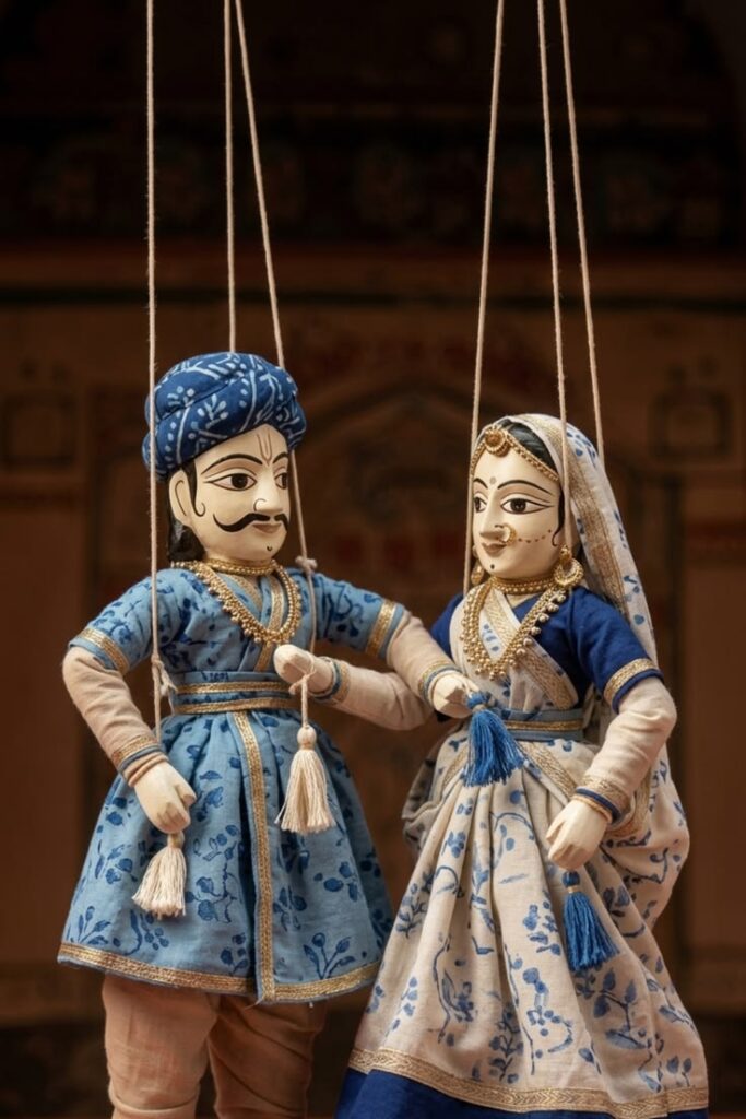 Hand-carved wooden Kathputli puppet close-up